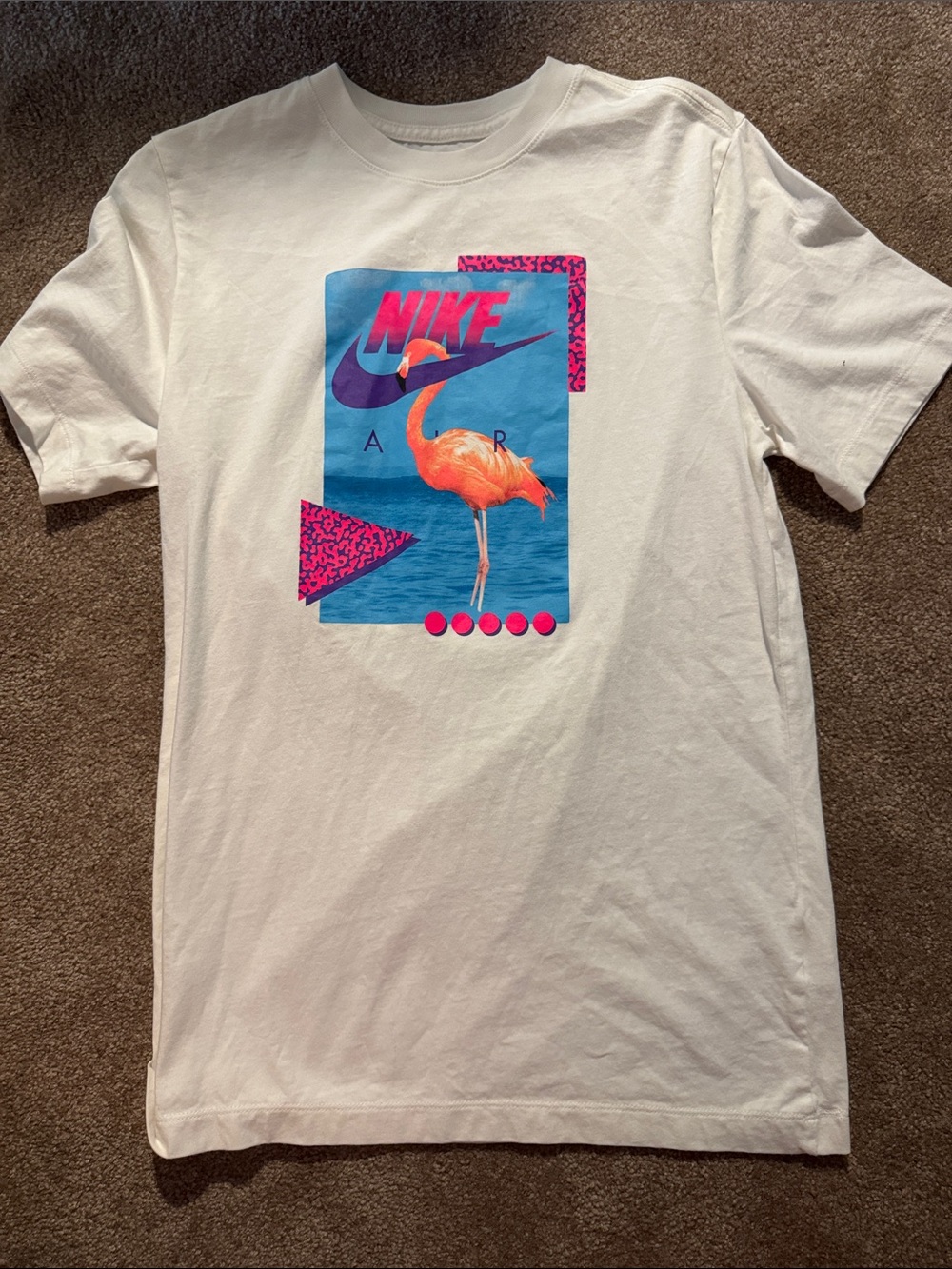 Nike White Tee with Pink Flamingo & Blue Graphic